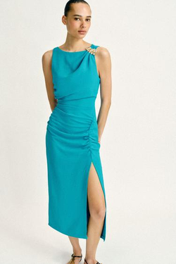 ZARA ПЛАТЬЕ МИДИ СО СБОРКАМИ И ЗОЛОТИСТОЙ ДЕТАЛЬЮ, БИРЮЗОВЫЙ