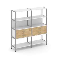 Shelf System Двухсекционный стеллаж четырехярусный с ящиками SN.STM-422 Белый/Тиквуд Светлый/Металл