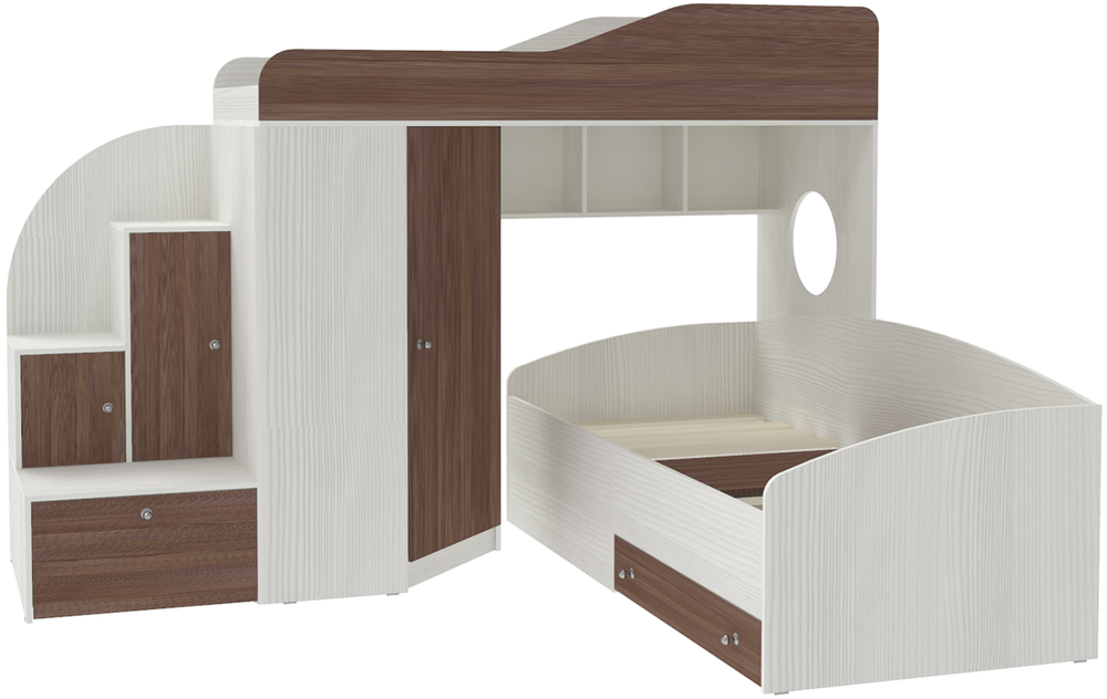 Кровать-чердак КарИВи Кадет 2 Белое Дерево Бодего Темный