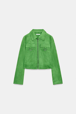 ZARA УКОРОЧЕННАЯ КУРТКА ИЗ ИСКУССТВЕННОЙ ЗАМШИ, ЯБЛОЧНО-ЗЕЛЕНЫЙ