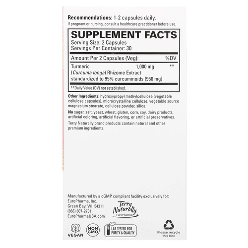 Terry Naturally, Куркума 50X, высокая эффективность, 60 капсул (500 мг на капсулу)