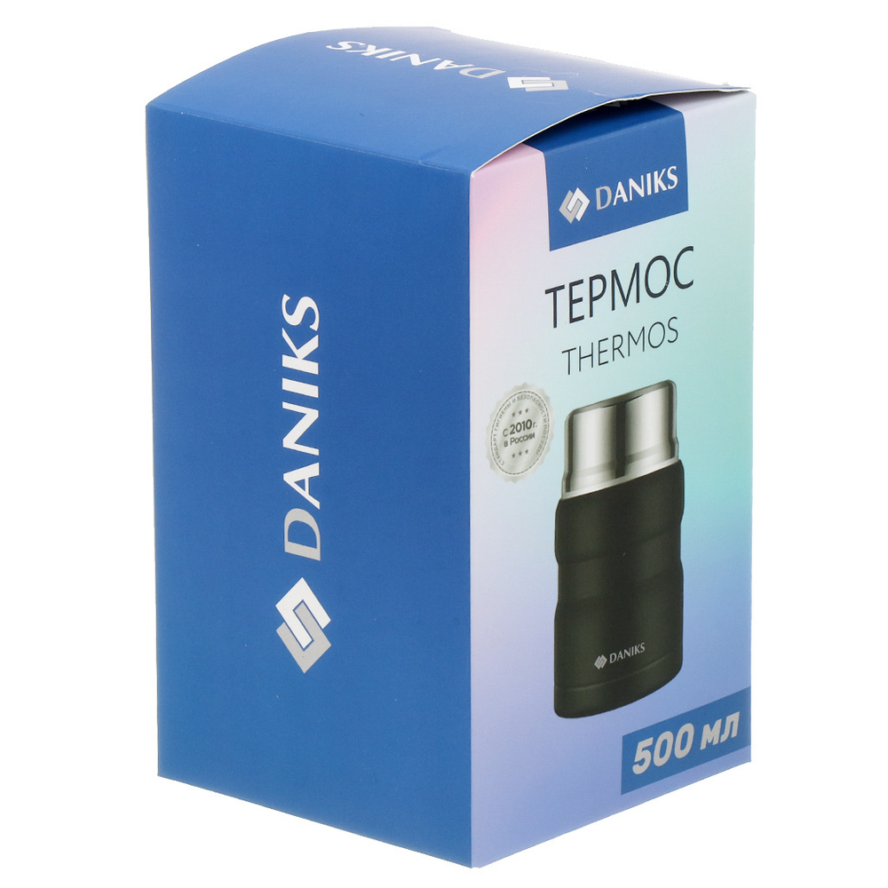 Термос нерж, 0.5 л, шир.горл, Daniks, колба нерж, с ложкой, чер, J-003