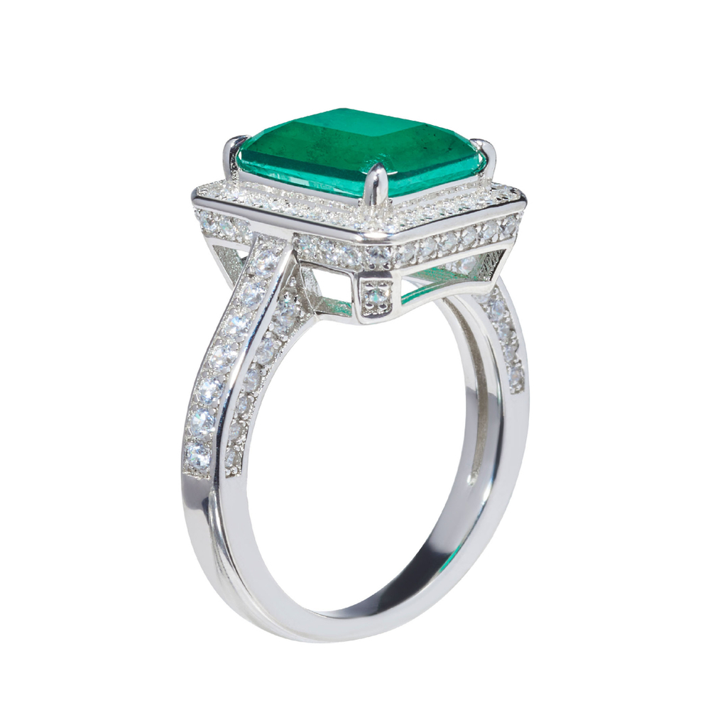 Кольцо-вечернее, серебрение 925, прямоугольный камень, окантовка по периметру