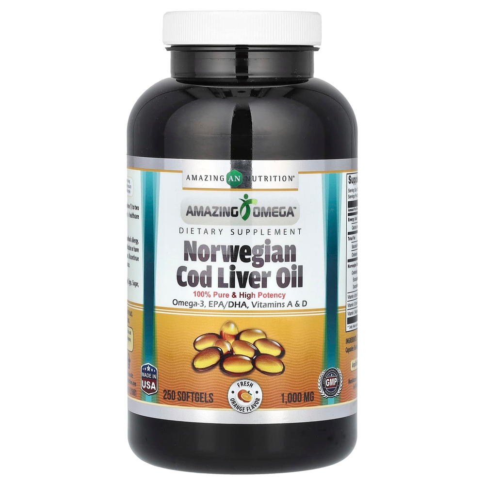 Amazing Nutrition, Amazing Omega, жир печени норвежской трески, свежий апельсин, 1000 мг, 250 мягких таблеток