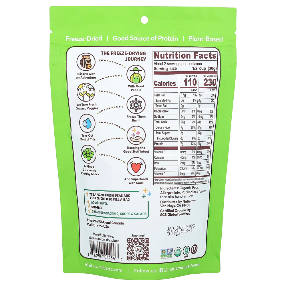 Natierra, органический сублимированный горох, 62 г (2,2 унции)