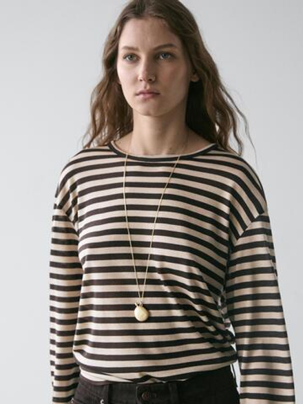 Massimo Dutti Футболка оверсайз в полоску с длинными рукавами, коричневый