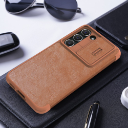 Кожаный чехол книжка коричневого цвета от Nillkin для Samsung Galaxy S23+ Плюс, серия Qin Pro Leather с защитной шторкой для камеры