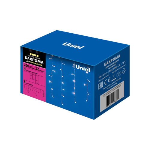 ULD-B3010-200/DTA WARM WHITE IP20 Бахрома светодиодная с контроллером, 3 м. 200 светодиодов. Теплый белый свет. Провод прозрачный. TM Uniel.