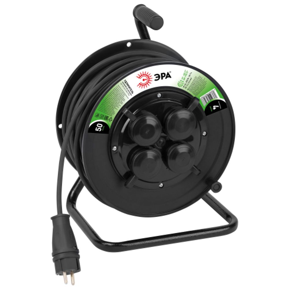 Удлинитель силовой ЭРА GREEN LINE KAT-KG-2x2.5-50m-IP44 на катушке пластик c крышками 4 розетки 50м КГ 2x2.5мм2 IP44 | Силовые удлинители