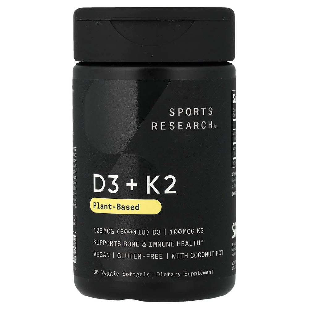Sports Research, витамины D3 и K2, растительная добавка, 30 растительных капсул