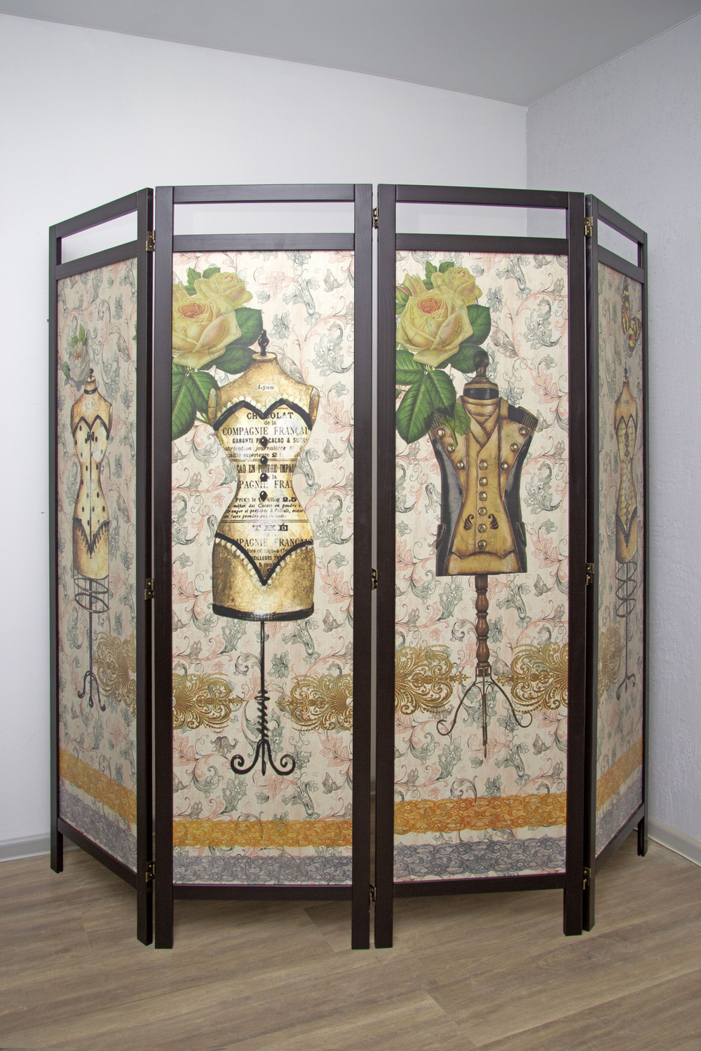 Ширма - перегородка для зонирования пространства деревянная с картинкой с обеих сторон "Райские птички", 3 створки, 480*1800 мм