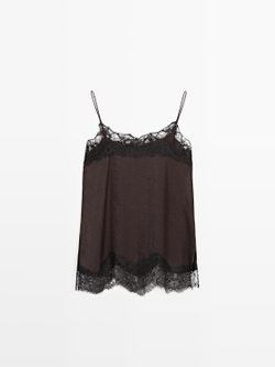 Massimo Dutti Топ в бельевом стиле с контрастной отделкой кружевом, коричневый
