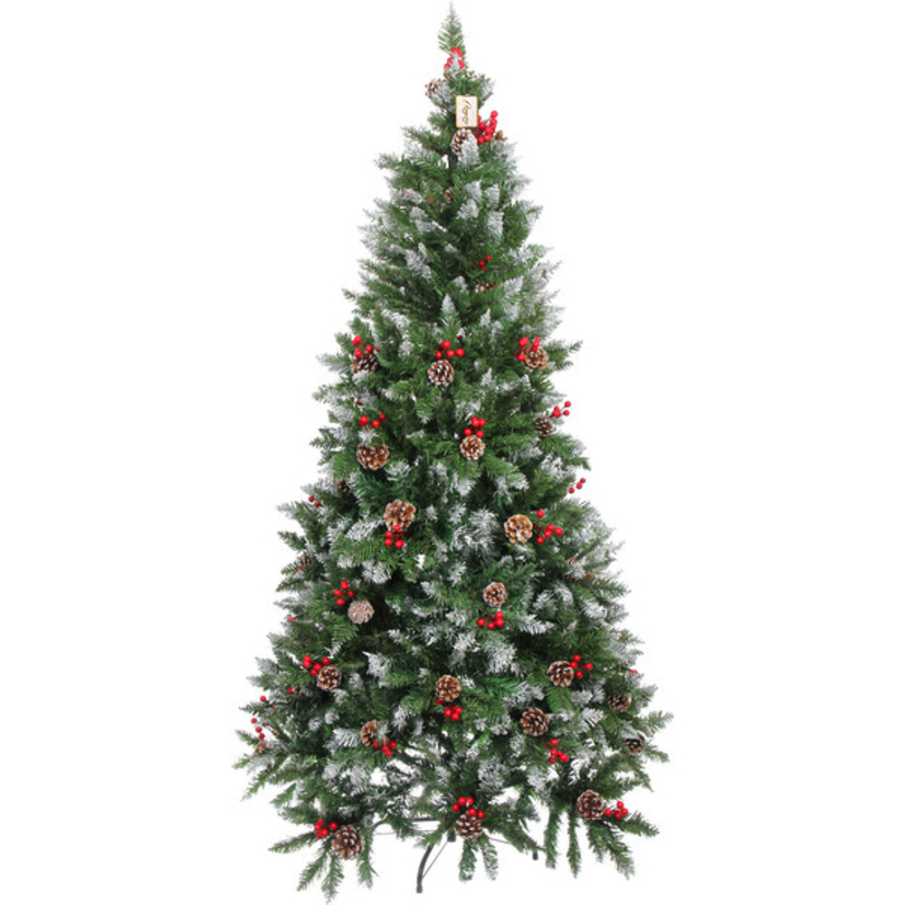 Ёлка «Морозная» 180 см, ПВХ с шишками,ягодами и белым напылением (801 ветка)