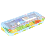 Пенал с наполнением, металлический 2 отделения Alingar, линейка 15 см, 1 ч/г каран, 1 точил, 1 ласт, 1 флом, 75 х 210 мм, "Hello friend", ассорти