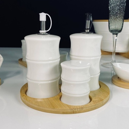 Lenardi 140-161 Набор для специй и бутылки для масла/уксуса 4пр. на подставке BAMBOO в под.уп.(х24)Фарфор