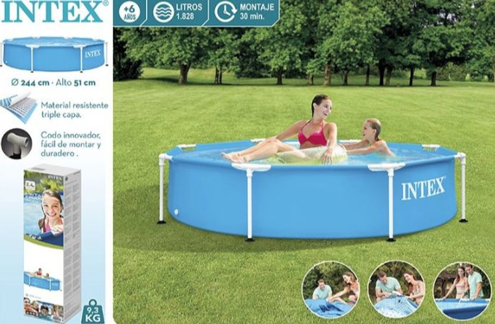 Каркасный бассейн 244х51 см Intex 28205, круглый семейный бассейн для дачи Metal Frame 1828 л