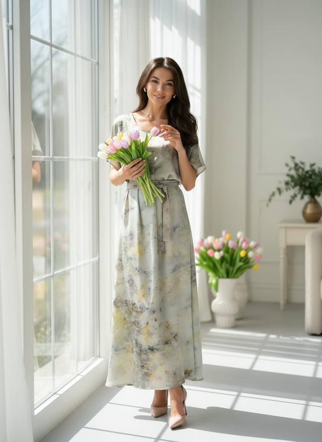 Платье шелковое «Озера» серо голубое, экопринт