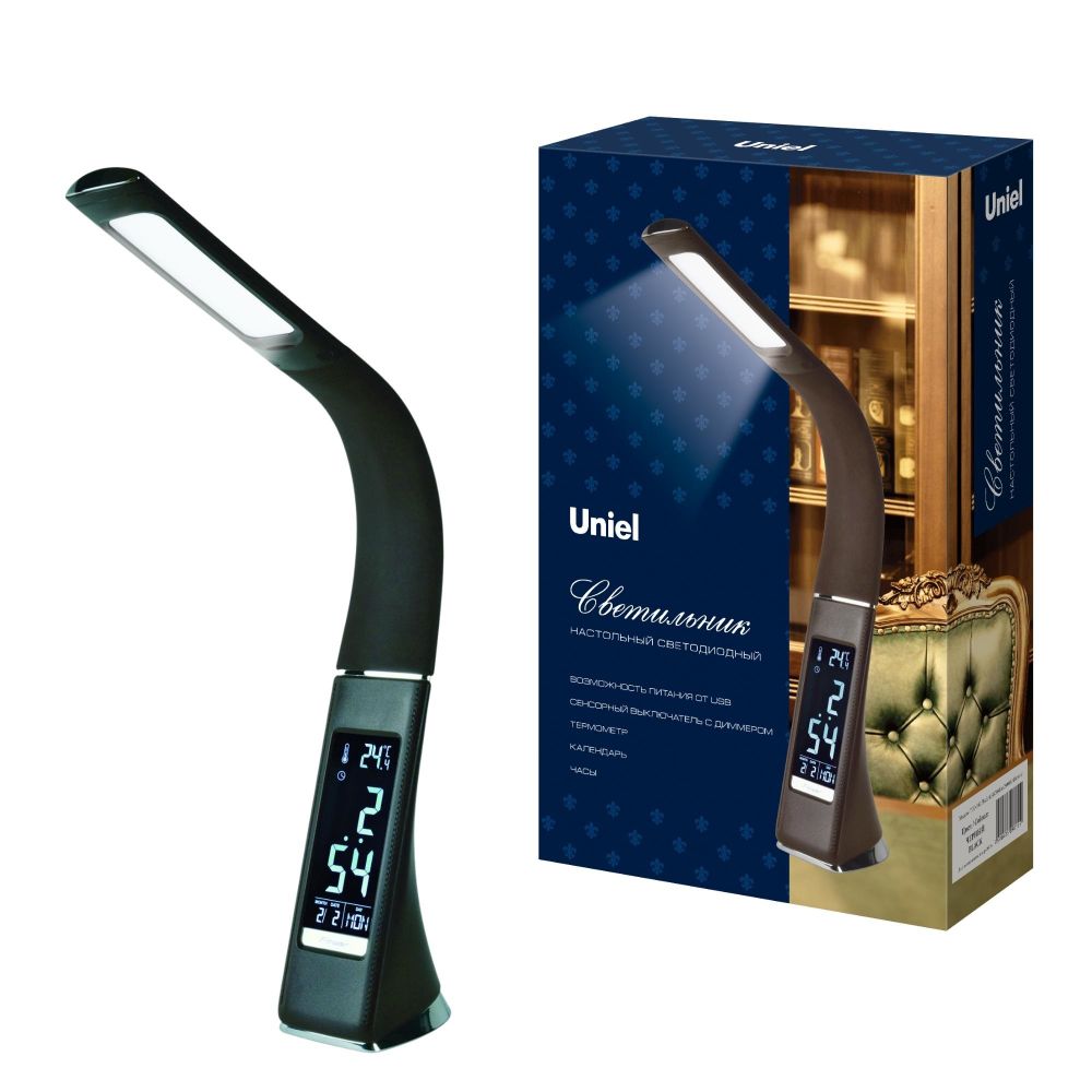 TLD-542 Black-LED-300Lm-5000K-Dimmer Светильник настольный c часами. календарем. термометром. 5W. Сенсорный выключатель. Черный стилизован под кожу. TM Uniel.