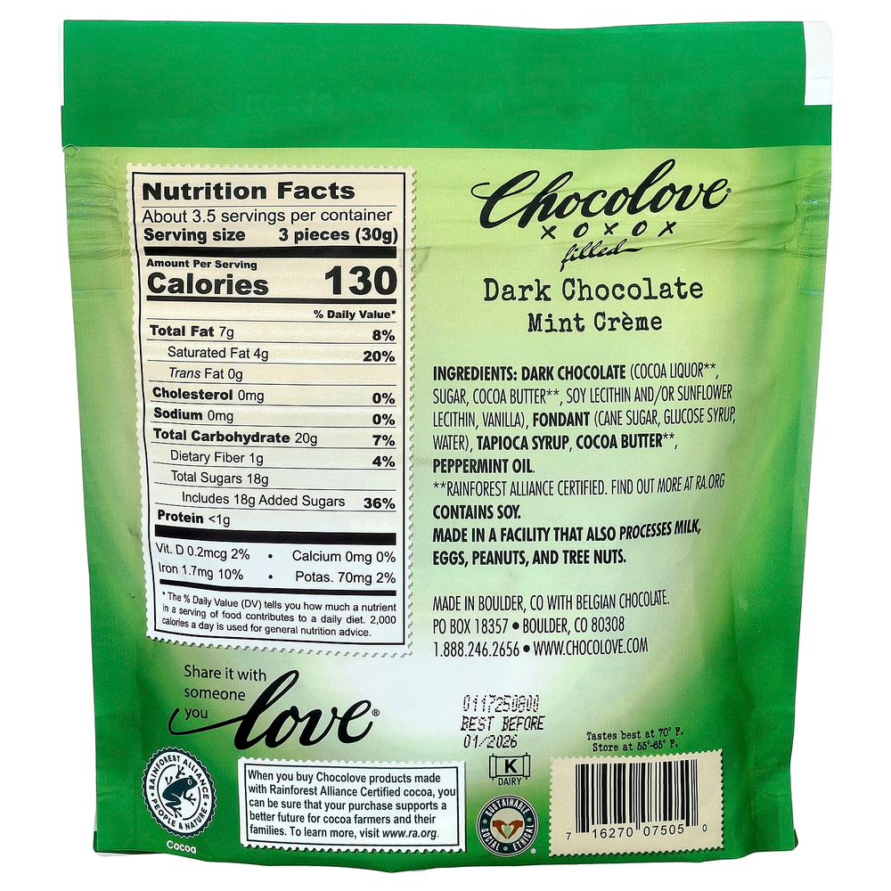 Chocolove, Крем с начинкой из темного шоколада и мяты, 55% какао, 100 г (3,5 унции)