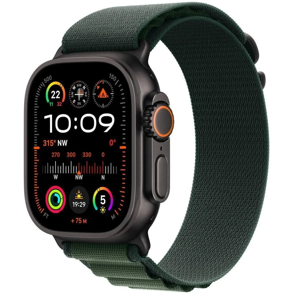 Apple Watch Ultra 2 (2024) GPS+Cellular 49mm, Black Titanium ремешок "Dark Green Alpine Loop", размер M 145-190mm (MX4R3)