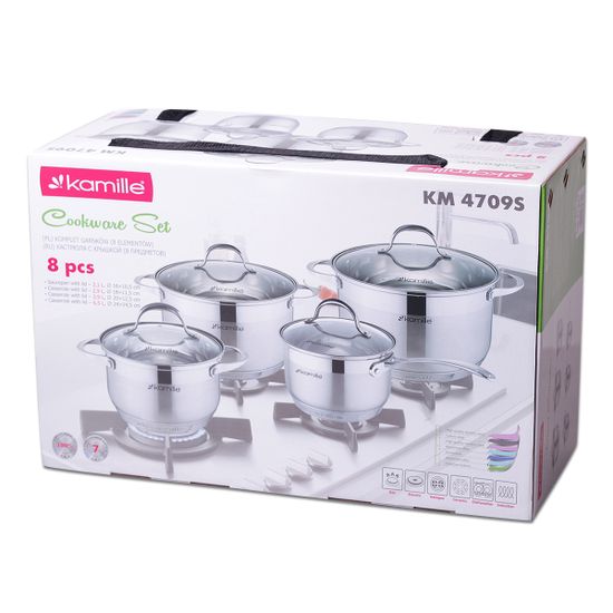 Набор посуды 8 предметов ковш 1,8 л; кастрюли 2,3 л; 3,3 л; 5,8 л. Kamille KM 4709S из нержавеющей стали 7-слойное дно