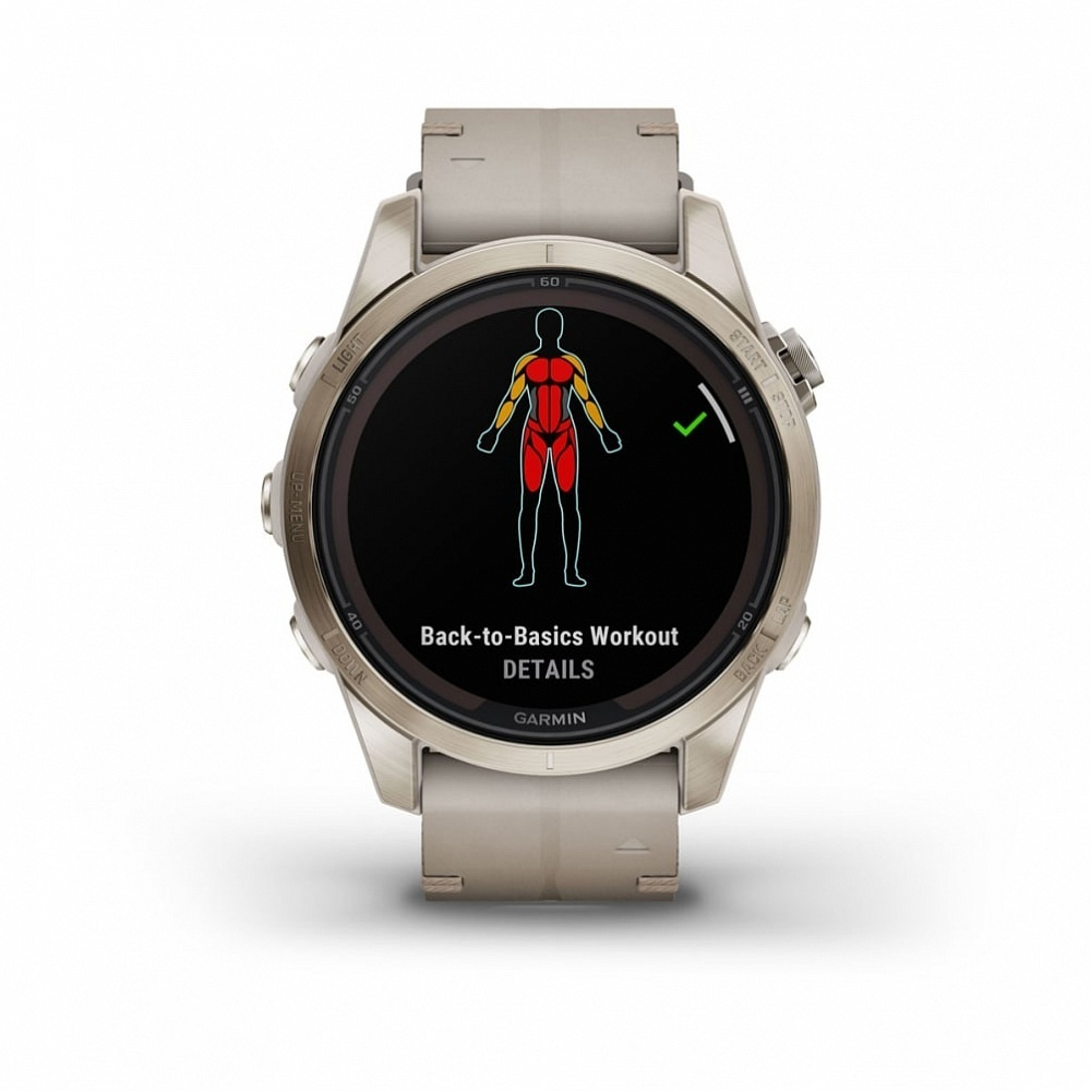 Умные часы Garmin Fenix 7S Pro Sapphire Solar золотистый корпус с кожаным ремешком цвета известняка