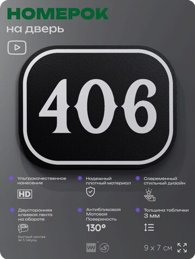 Номерок на дверь квартиры 406, для кабинета, офиса, шильдик 9 х 7 см, черный, Айдентика Технолоджи