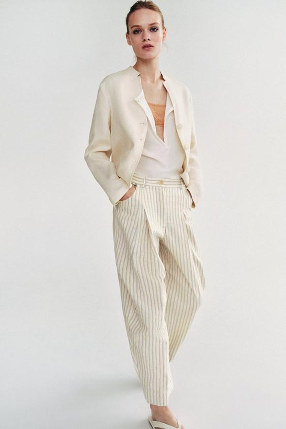ZARA БРЮКИ БАРРЕЛЬ В ПОЛОСКУ — ZW COLLECTION, ЭКРЮ