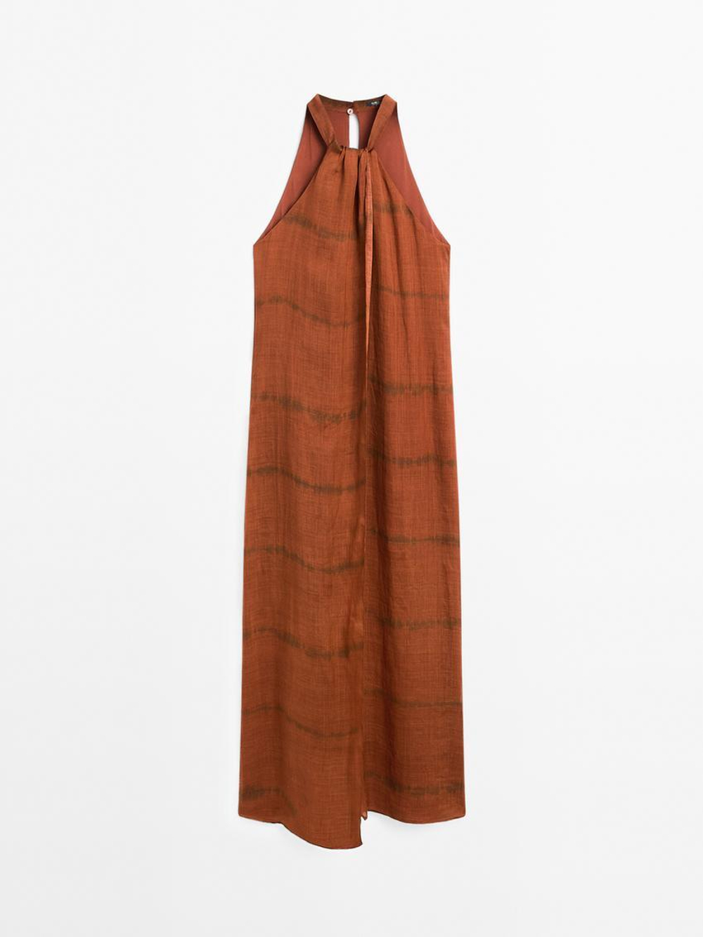 Massimo Dutti Длинное платье в полоску с горловиной халтер, черепичный