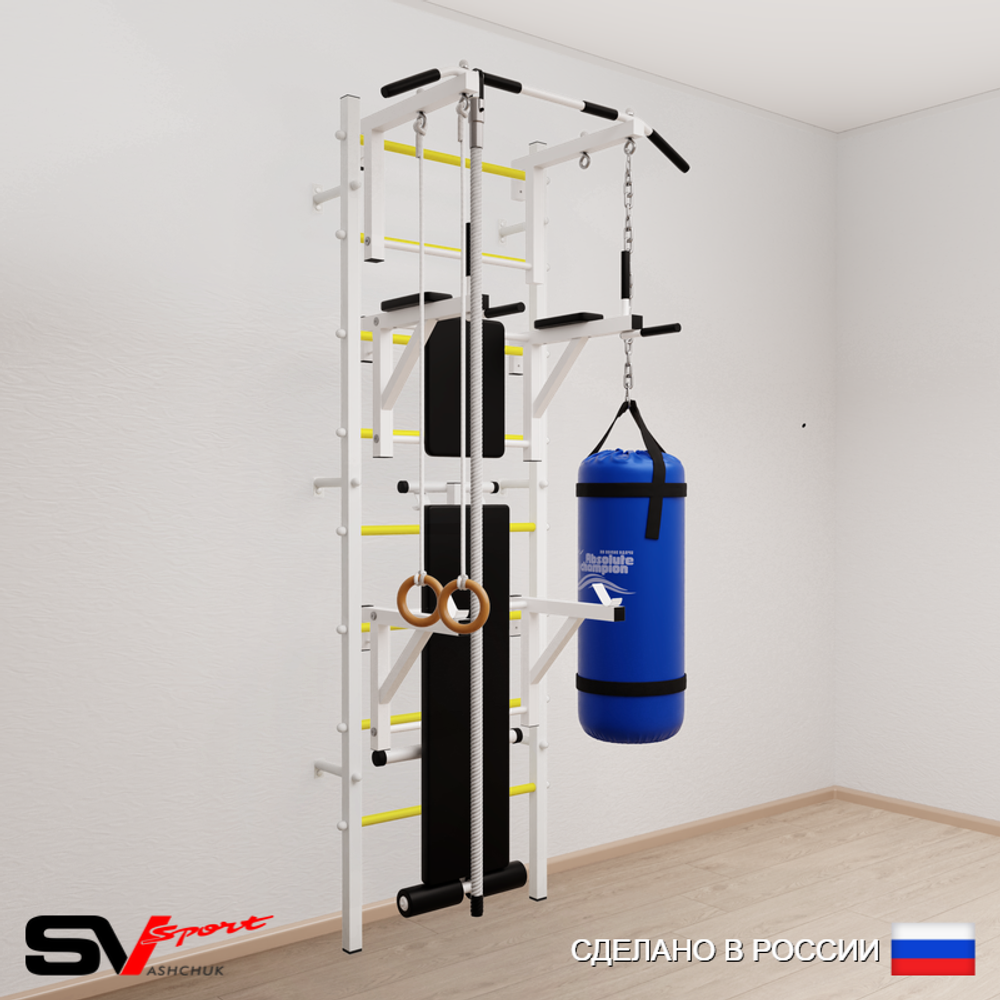 Шведская стенка Sv Sport усиленная 6942 (Турник стандарт/Брусья/Стойка/Скамья/Канат/Кольца/Цепь/Мешок 22кг)