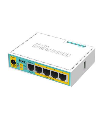 Маршрутизатор MikroTik hEX PoE lite with 650MHz CPU, 64MB RAM, 5xLAN (four with PoE out), USB, RouterOS L4, plastic case and PSU