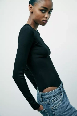 ZARA БОДИ ИЗ ХЛОПКА И МОДАЛА, ЧЕРНЫЙ