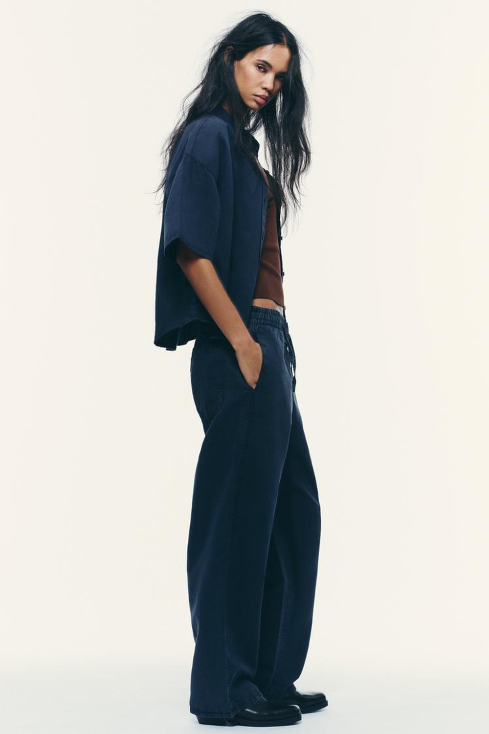 ZARA РУБАШКА ИЗ ЛЬНА И ХЛОПКА, СИНИЙ