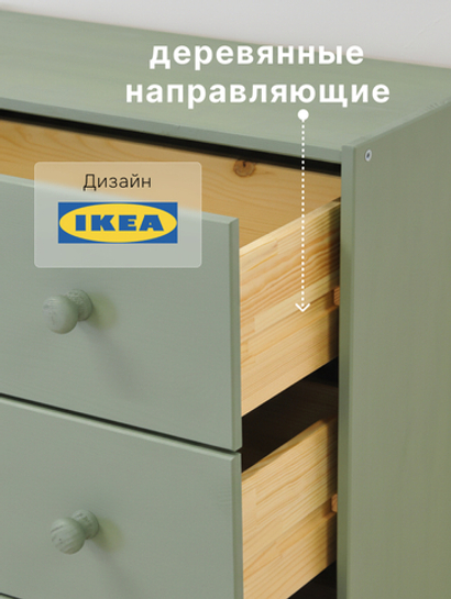 Комод 62х30х90, Раст с 4 ящиками для одежды, в прихожую, для игрушек, деревянный, массив сосны, зеленый эвкалипт, IKEA