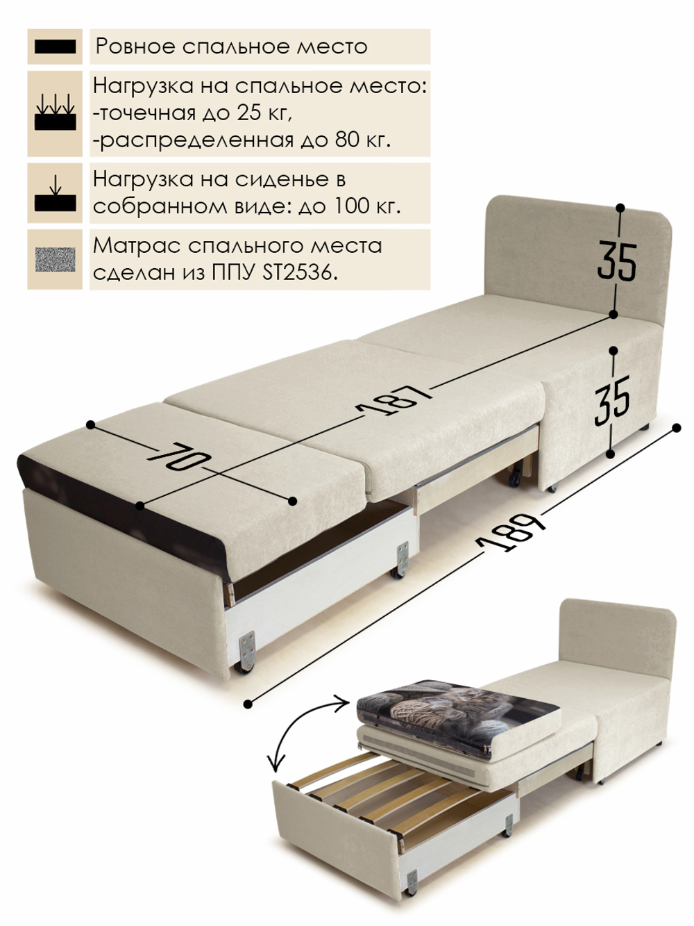 Кресло-кровать "Миник" 70 см, купон Котенок в клубках