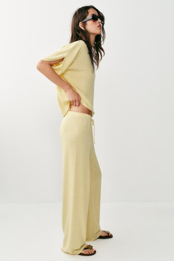 ZARA БРЮКИ WIDE LEG ИЗ ТКАНИ В ДЕРЕВЕНСКОМ СТИЛЕ, СВЕТЛО-ЖЕЛТЫЙ