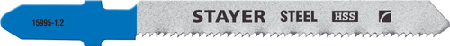 STAYER T218A, 2 шт, 50 мм / 1.2 мм, T-хвост., HSS сталь, фигурный рез по металлу толщиной 0.9-3 мм, полотна для лобзика (15995-1.2)