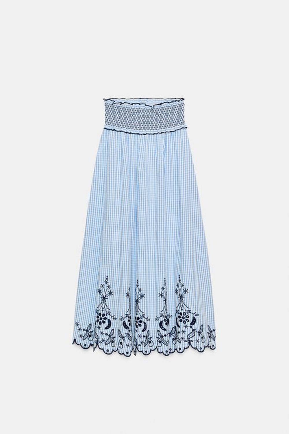 ZARA ЮБКА МИДИ В КЛЕТКУ С ВЫШИВКОЙ, СИНИЙ/БЕЛЫЙ