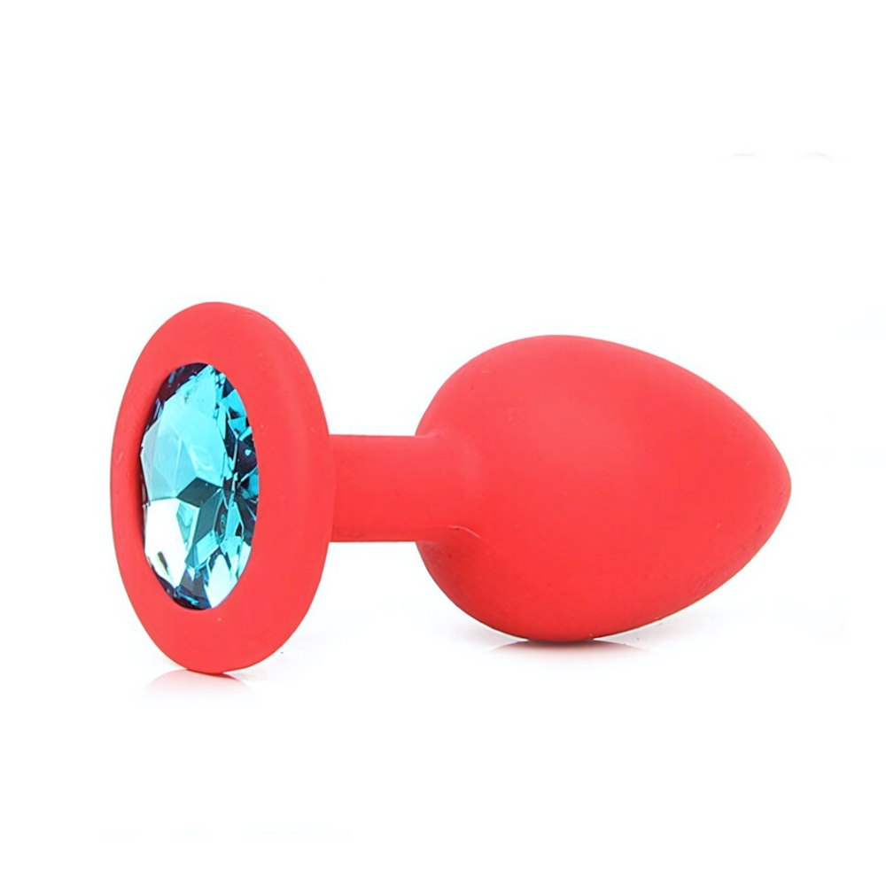 Средняя красная пробка с голубым кристаллом ONJOY Silicone Collection (Цвет: красный с голубым)