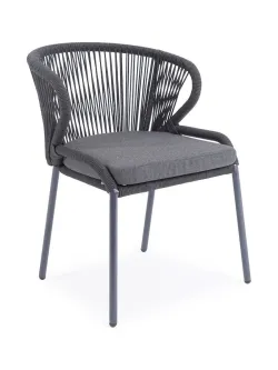 "Милан" стул плетеный из роупа, каркас алюминий темно-серый (RAL7024) муар, роуп темно-серый круглый, ткань темно-серая 027