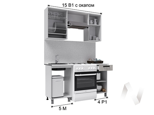 Кухня Мэйбл 1.5м с окапом (корпус белый/мрамор лайт; мрамор дарк)
