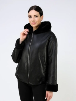 Дубленка зимняя натуральная куртка короткая с капюшоном