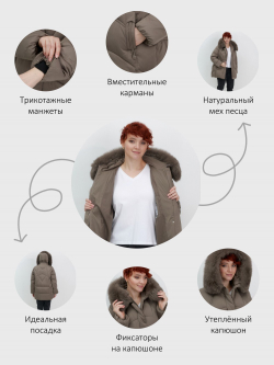 Куртка зимняя женская с мехом и капюшоном тренд коричневого цвета 7656K