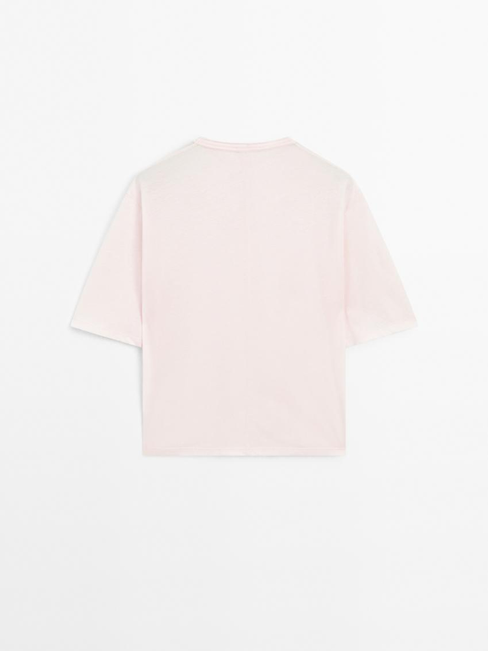 Massimo Dutti Футболка из 100% хлопка с коротким рукавом, пастельно-розовый