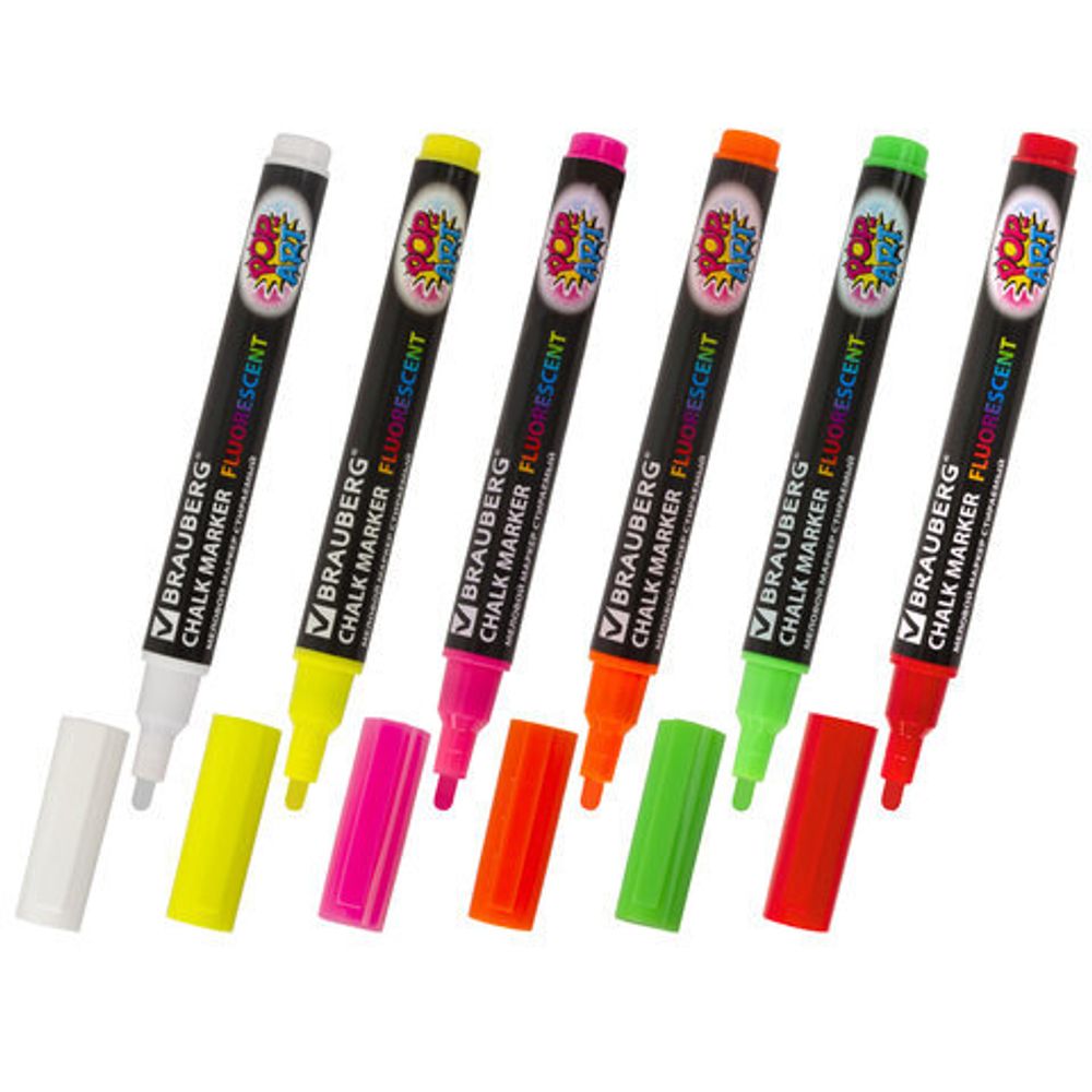 Маркеры меловые "POP-ART", НАБОР 6 ЦВЕТОВ, 3,5 мм, сухостираемые, для гладких поверхностей, BRAUBERG, 151526