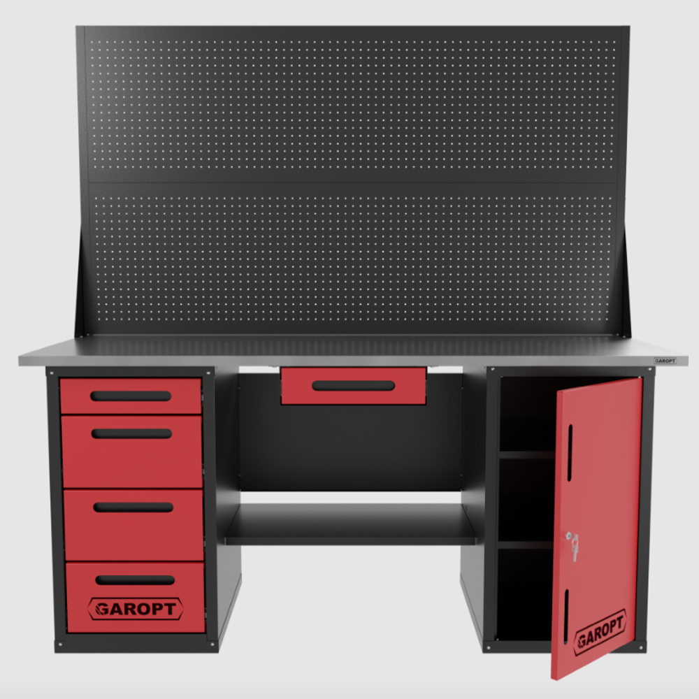 Верстак двухтумбовый дверь/4 ящиков с двумя экранами и ящиком, красный 1800*700 Garopt, GT1800DY1Y4PP2.red