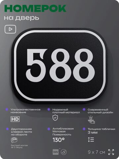 Номерок на дверь квартиры 588, для кабинета, офиса, шильдик 9 х 7 см, черный, Айдентика Технолоджи