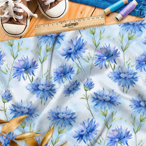 Ткань премиум габардин голубые акварельные цветы