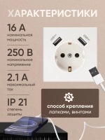 Розетка внутренняя одинарная с 2 USB белая
