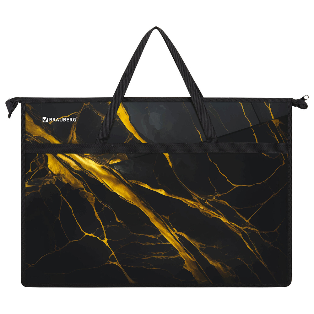 Папка для рисунков и чертежей с ручками BRAUBERG А3 пластик молния сверху "Black&gold marble" (2 штуки в упаковке)